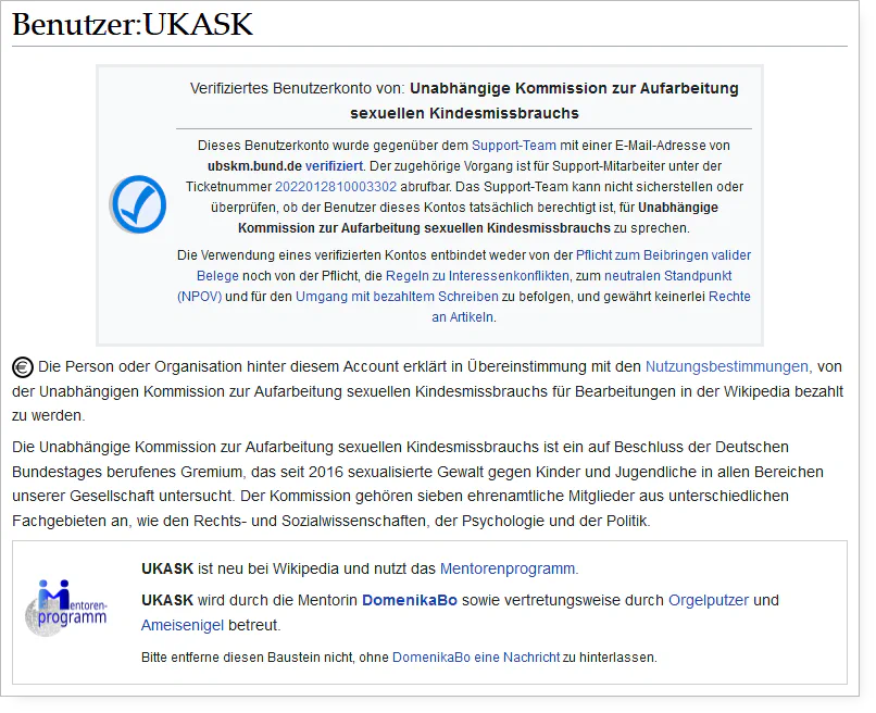 Wikipedia-Profil der Aufarbeitungskommission